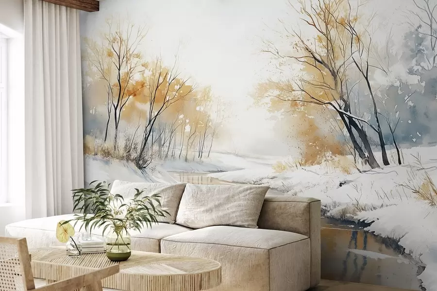 murales de pared Paisaje invernal de río con bosque, dibujo estilo acuarela w02743