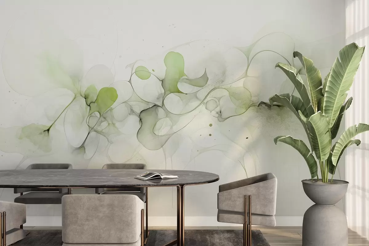 murales de pared Estilo artístico fluido, abstracción, colores verdes suaves w02745v1