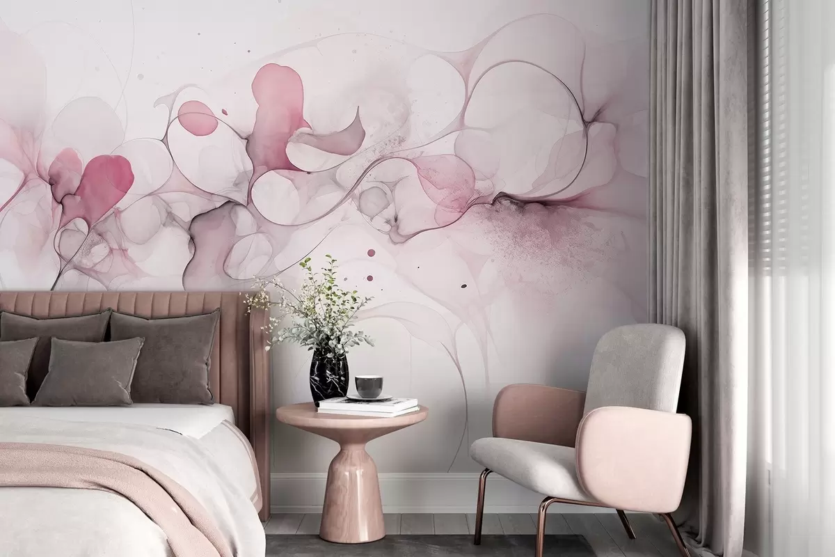 murales de pared Estilo artístico fluido, abstracción, colores rosas suaves w02745v2