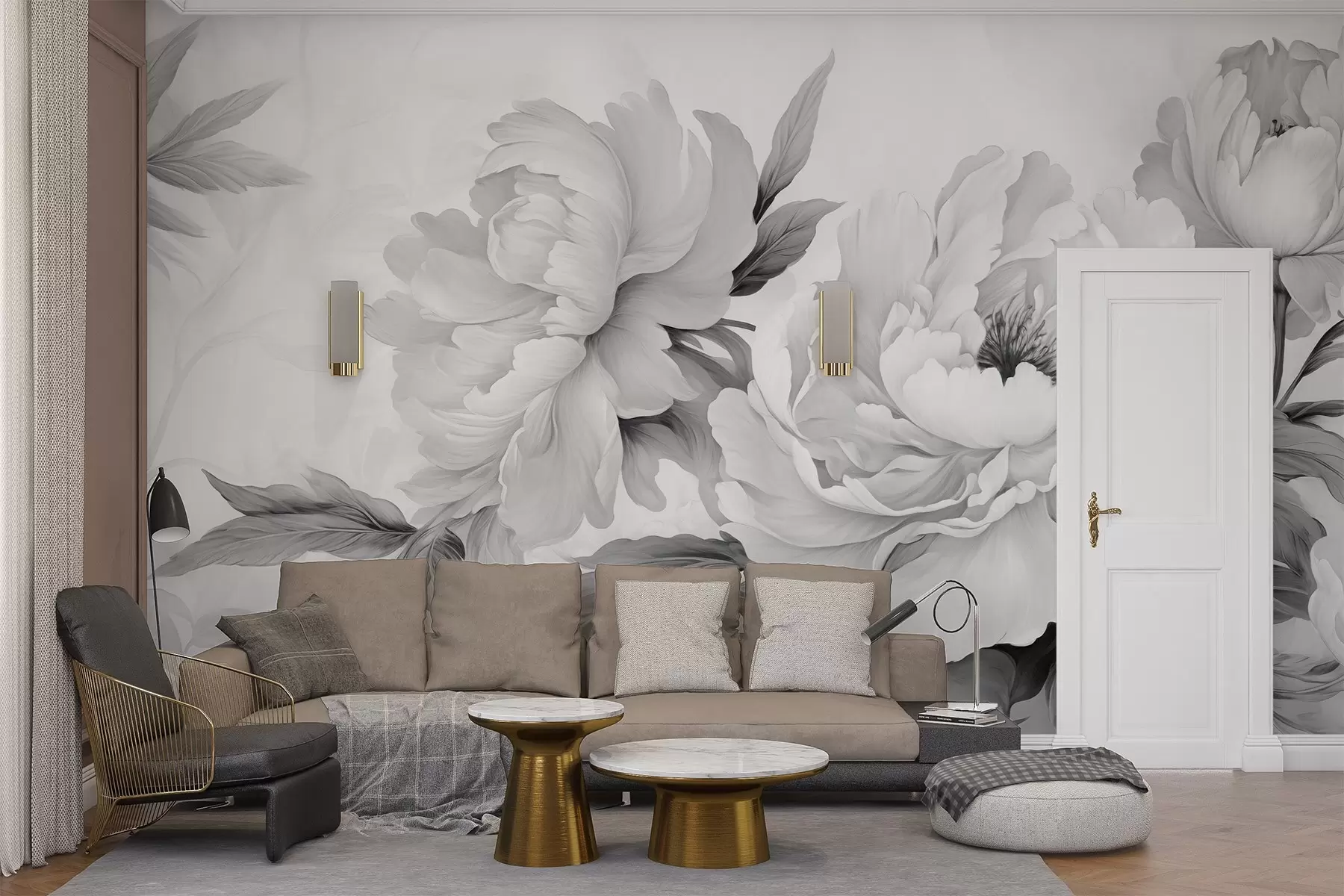 murales de pared Lujosas peonías en tonos grises, con delicados detalles de pétalos y hojas, que crean un ambiente elegante y sereno w02856
