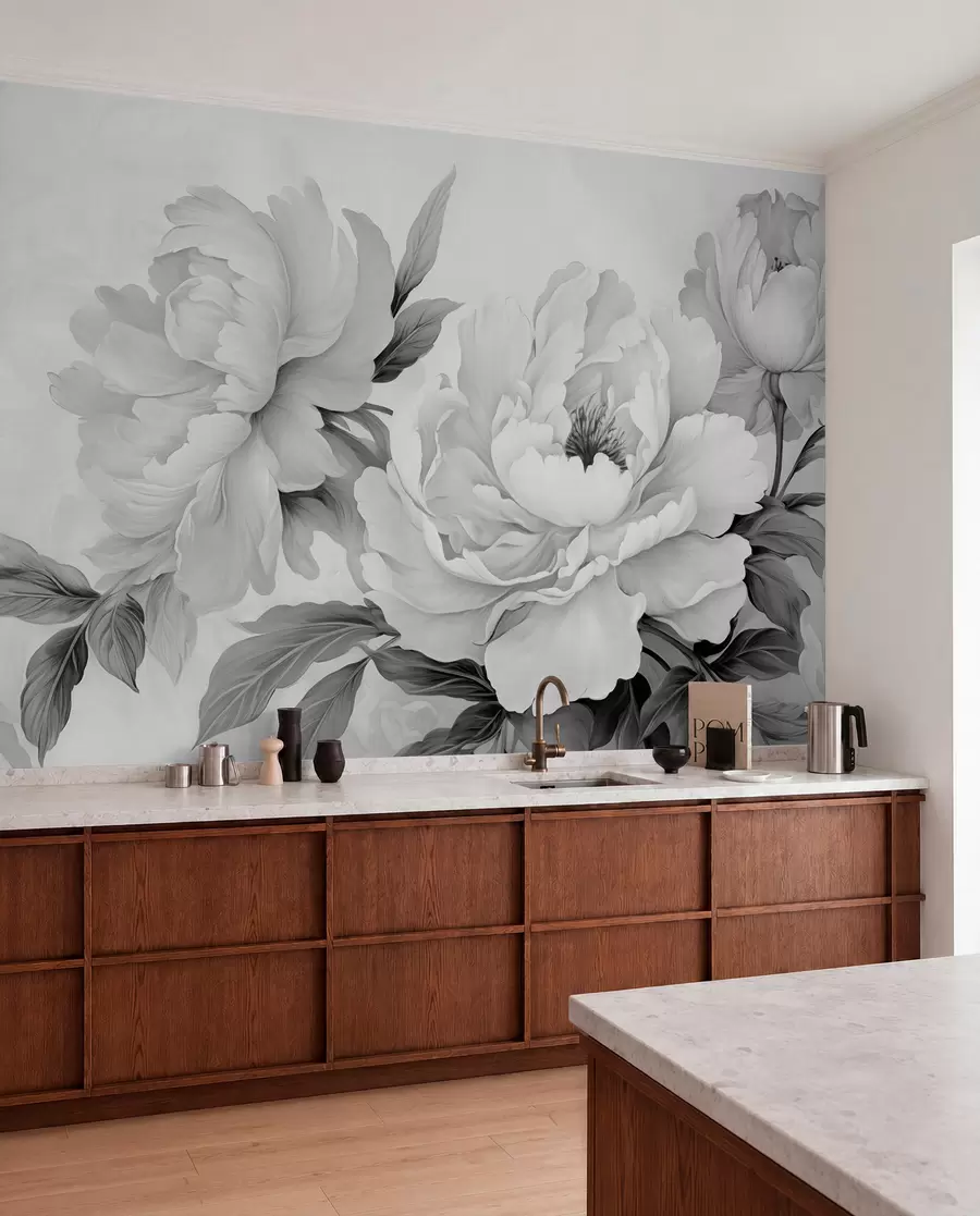 murales de pared Lujosas peonías en tonos grises, con delicados detalles de pétalos y hojas, que crean un ambiente elegante y sereno w02856
