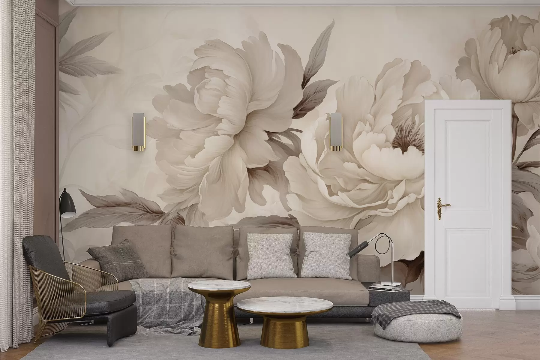 murales de pared Delicadas peonías en tonos beige crema, con refinados detalles de pétalos y hojas, que crean un ambiente cálido y sofisticado w02856v1