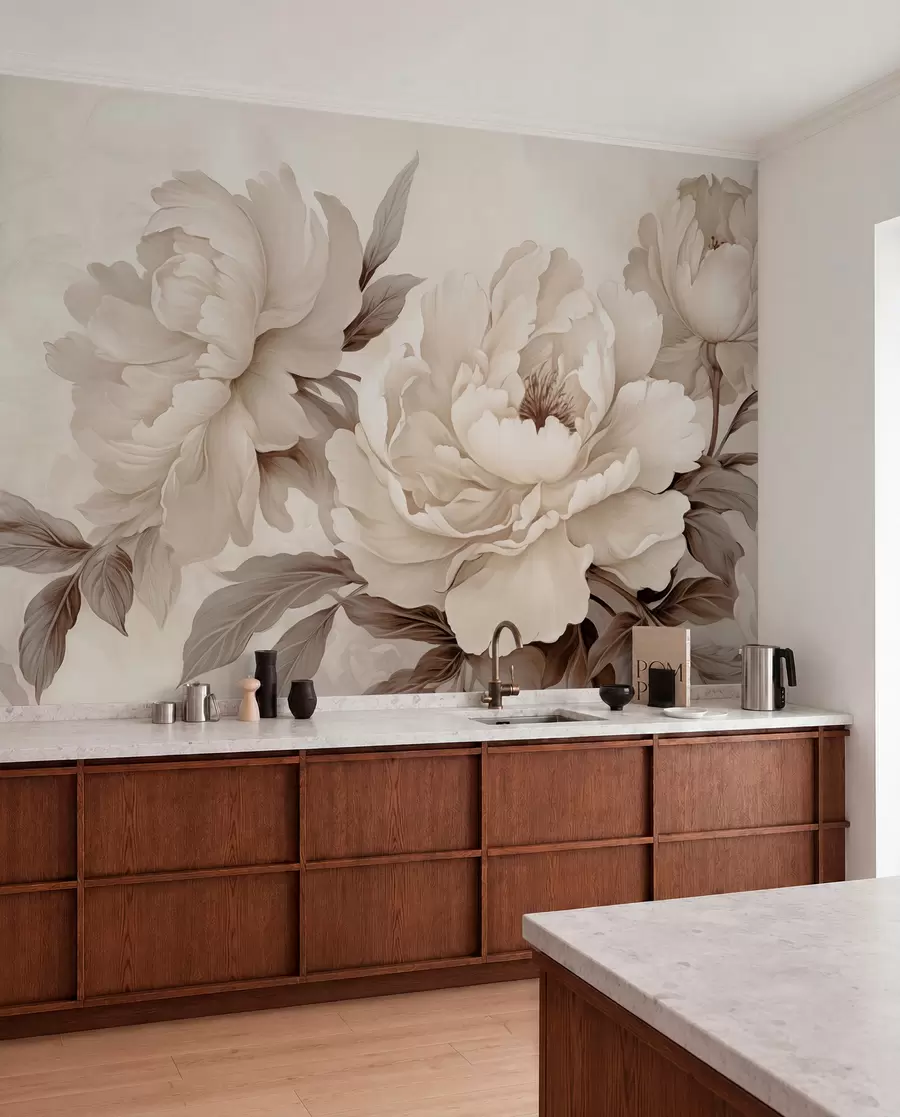 murales de pared Delicadas peonías en tonos beige crema, con refinados detalles de pétalos y hojas, que crean un ambiente cálido y sofisticado w02856v1