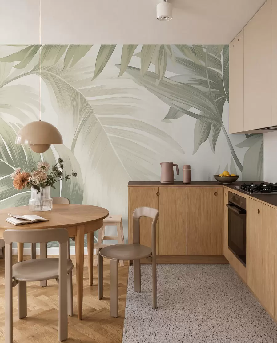 murales de pared Patrón de grandes hojas tropicales en suaves tonos verdes y beige, con suaves degradados y delicados detalles de textura w02858