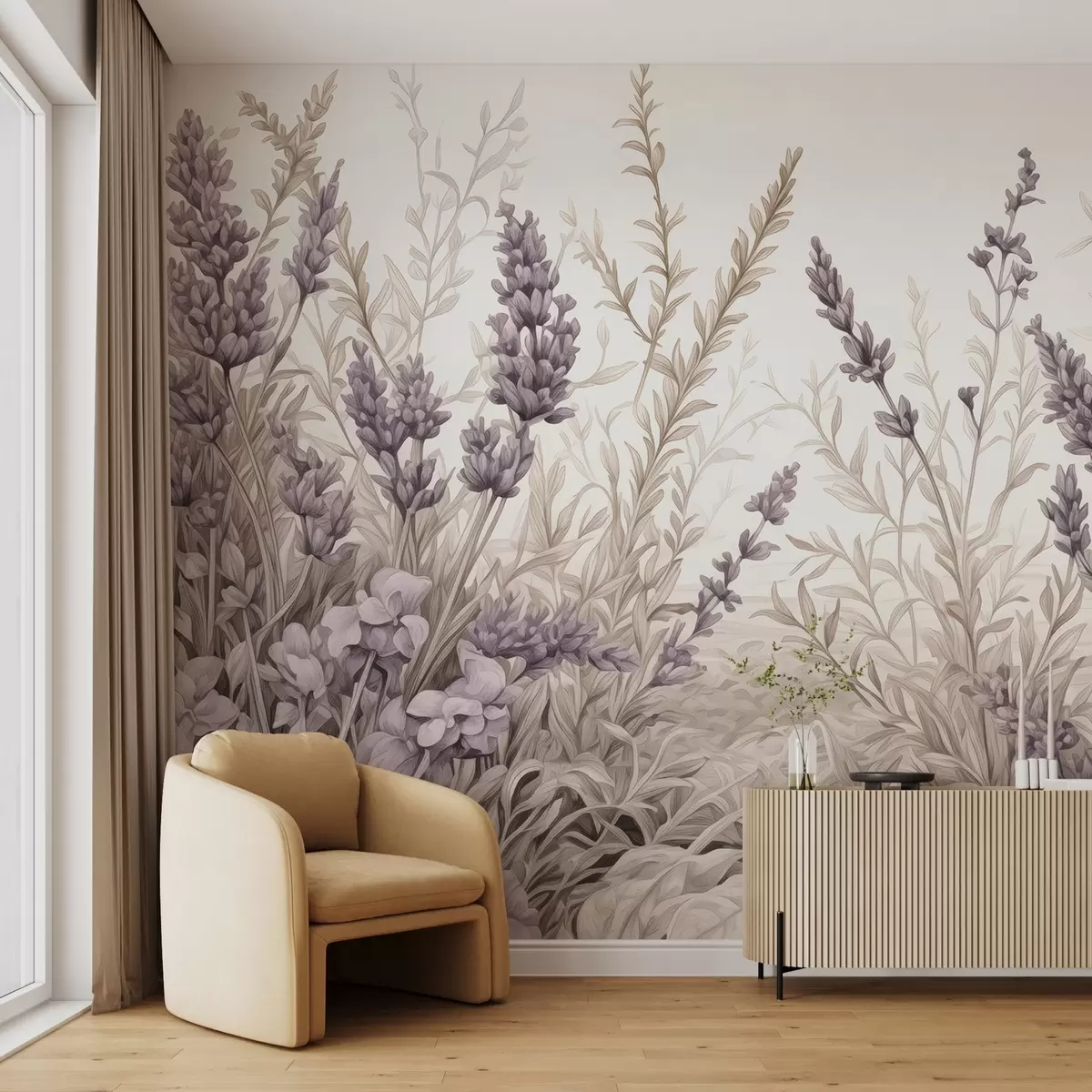 murales de pared Campo en flor de acuarela en colores pastel w02847