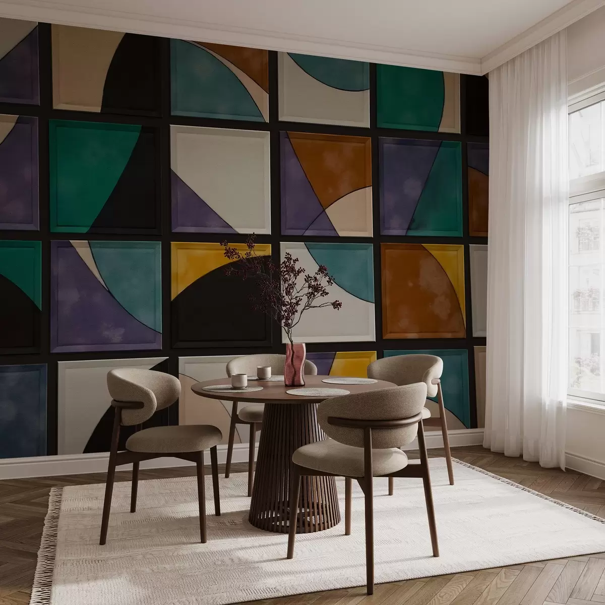 murales de pared Cuadrados de mosaico de colores sobre fondo oscuro w02849