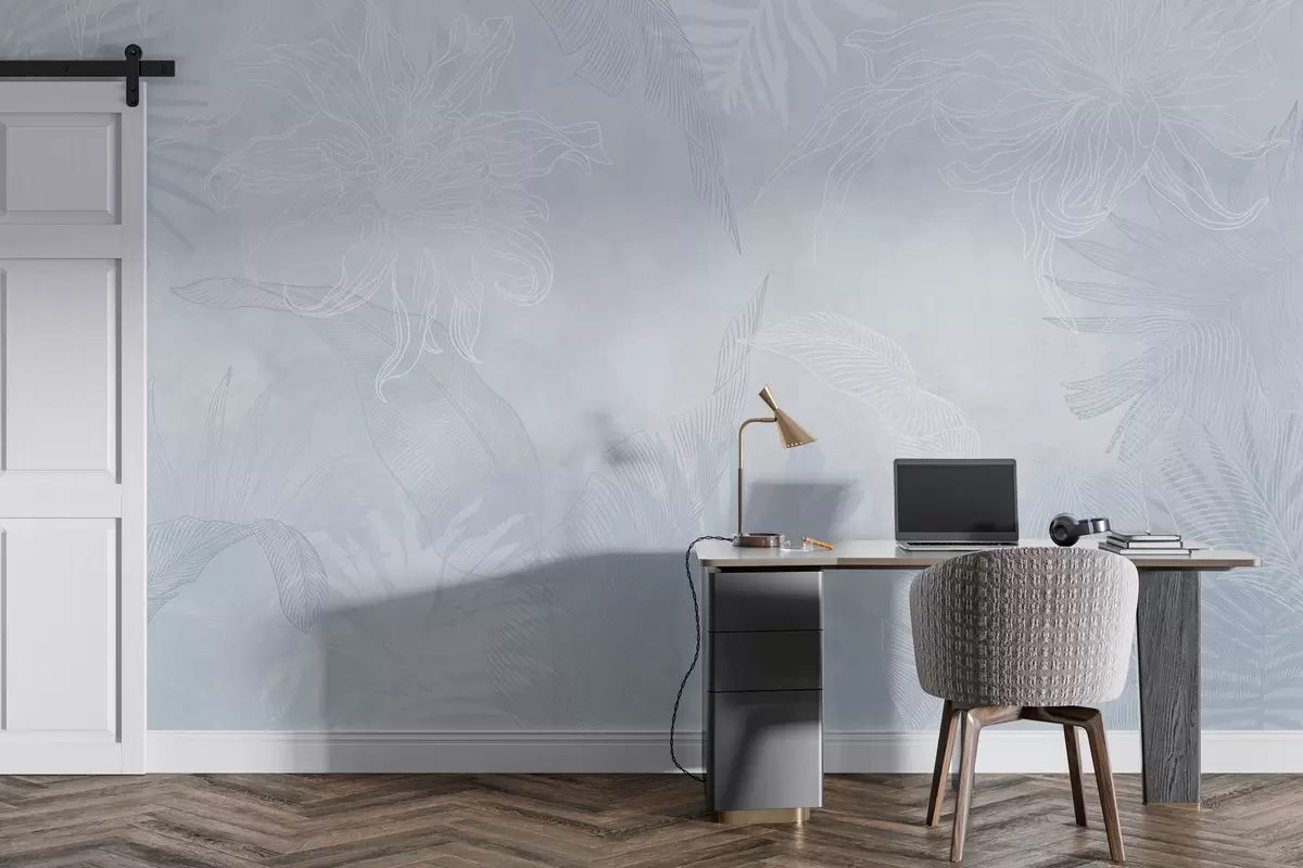 murales de pared Follaje tropical con efecto grunge y tinte azulado w02737v3