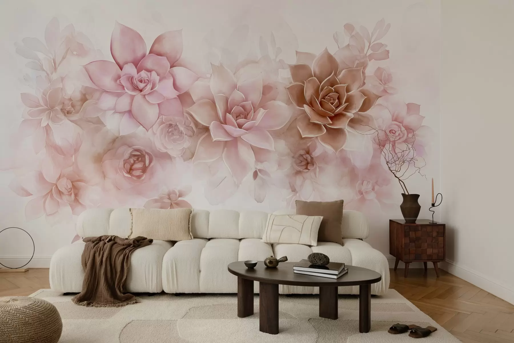 murales de pared Delicadas y exuberantes suculentas y elementos florales en estilo acuarela de colores cálidos w02873