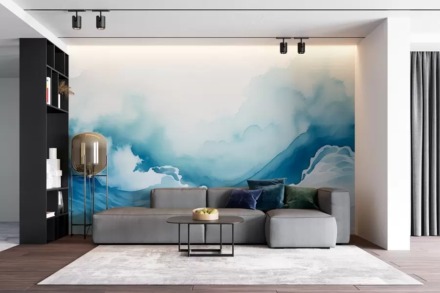 murales de pared Olas del mar en estilo acuarela en tonos azules w08655
