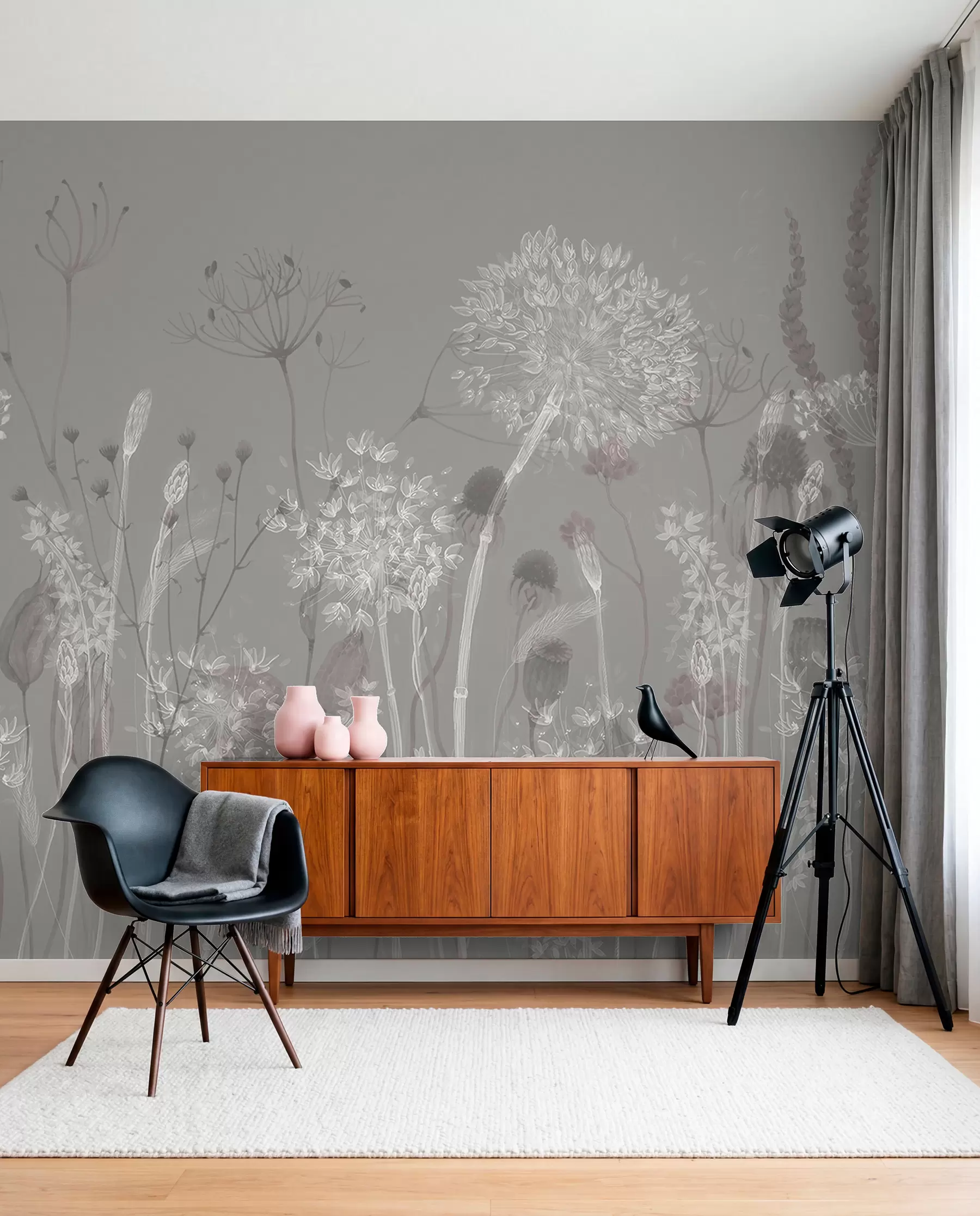 murales de pared Dientes de león y flores silvestres en estilo acuarela en tonos azul grisáceo w08637v3