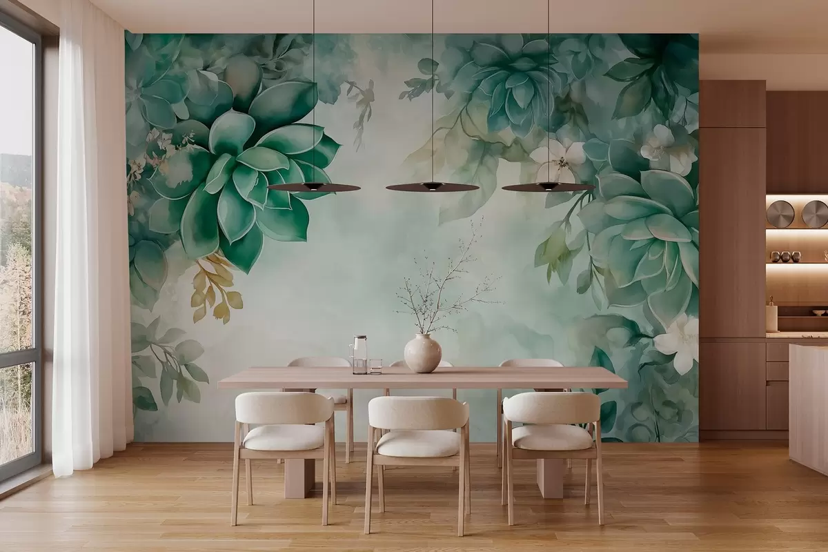 murales de pared Delicadas y exuberantes suculentas y elementos florales en estilo acuarela en tonos verdes w02874
