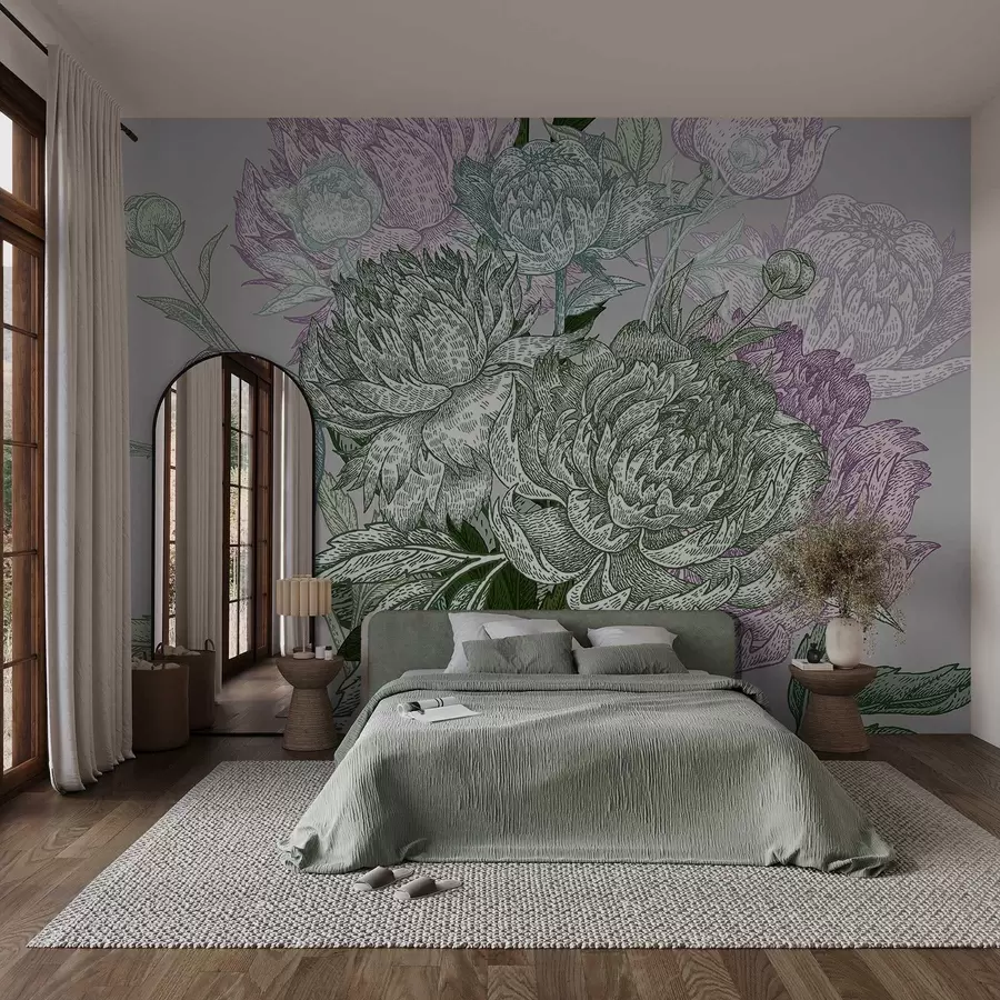 murales de pared Un detallado diseño de líneas florales con grandes peonías y hojas en tonos verdes, rosas y lilas w08663v1