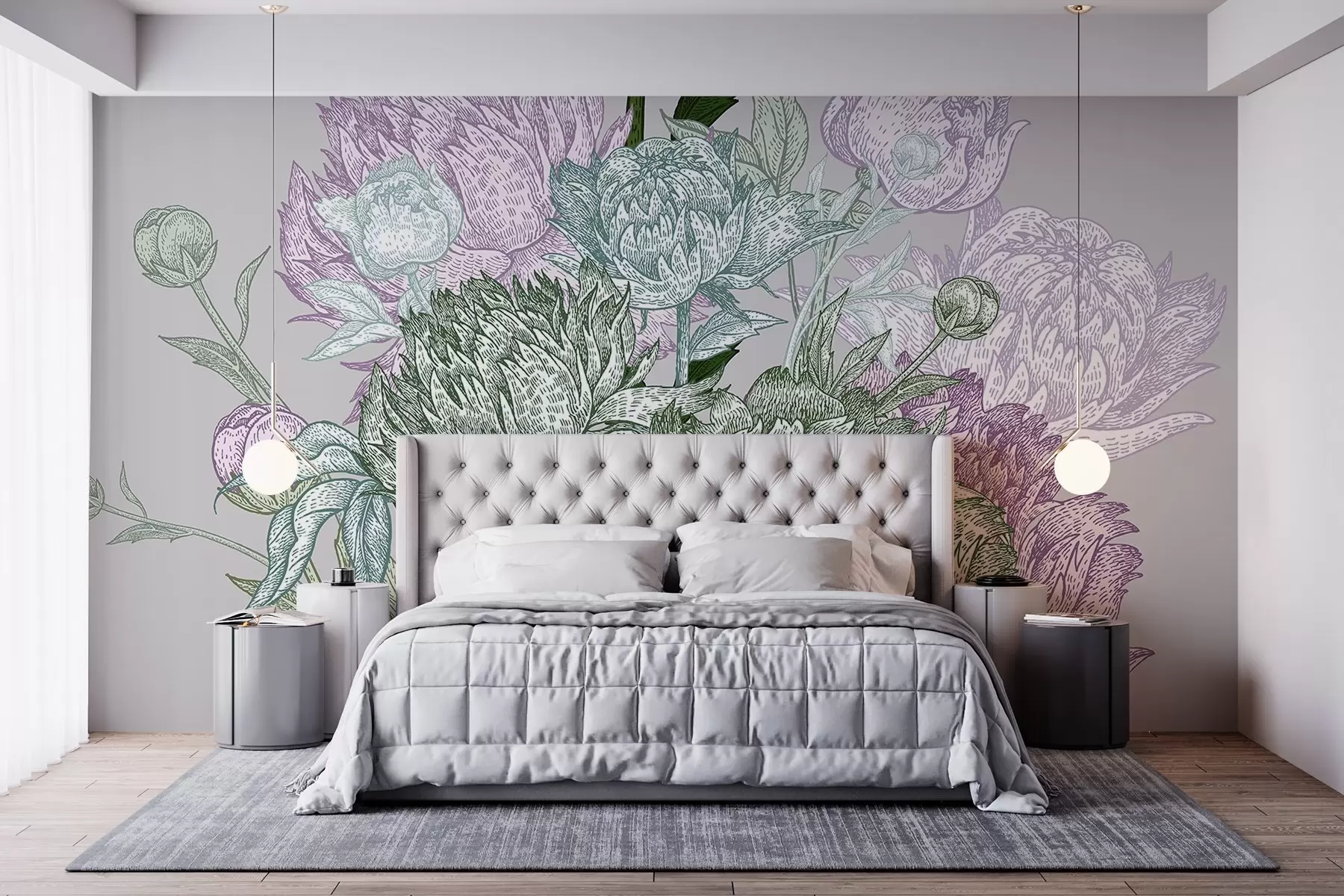murales de pared Un detallado diseño de líneas florales con grandes peonías y hojas en tonos verdes, rosas y lilas w08663v1