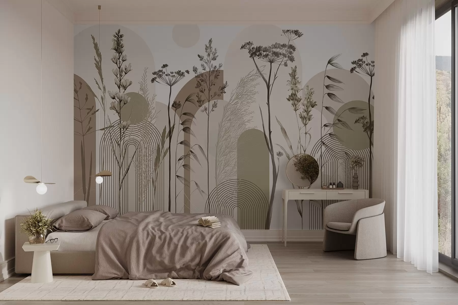 murales de pared Colección de plantas y flores en tonos neutros sobre fondo de arco abstracto en suaves tonos beige y marrón w08665