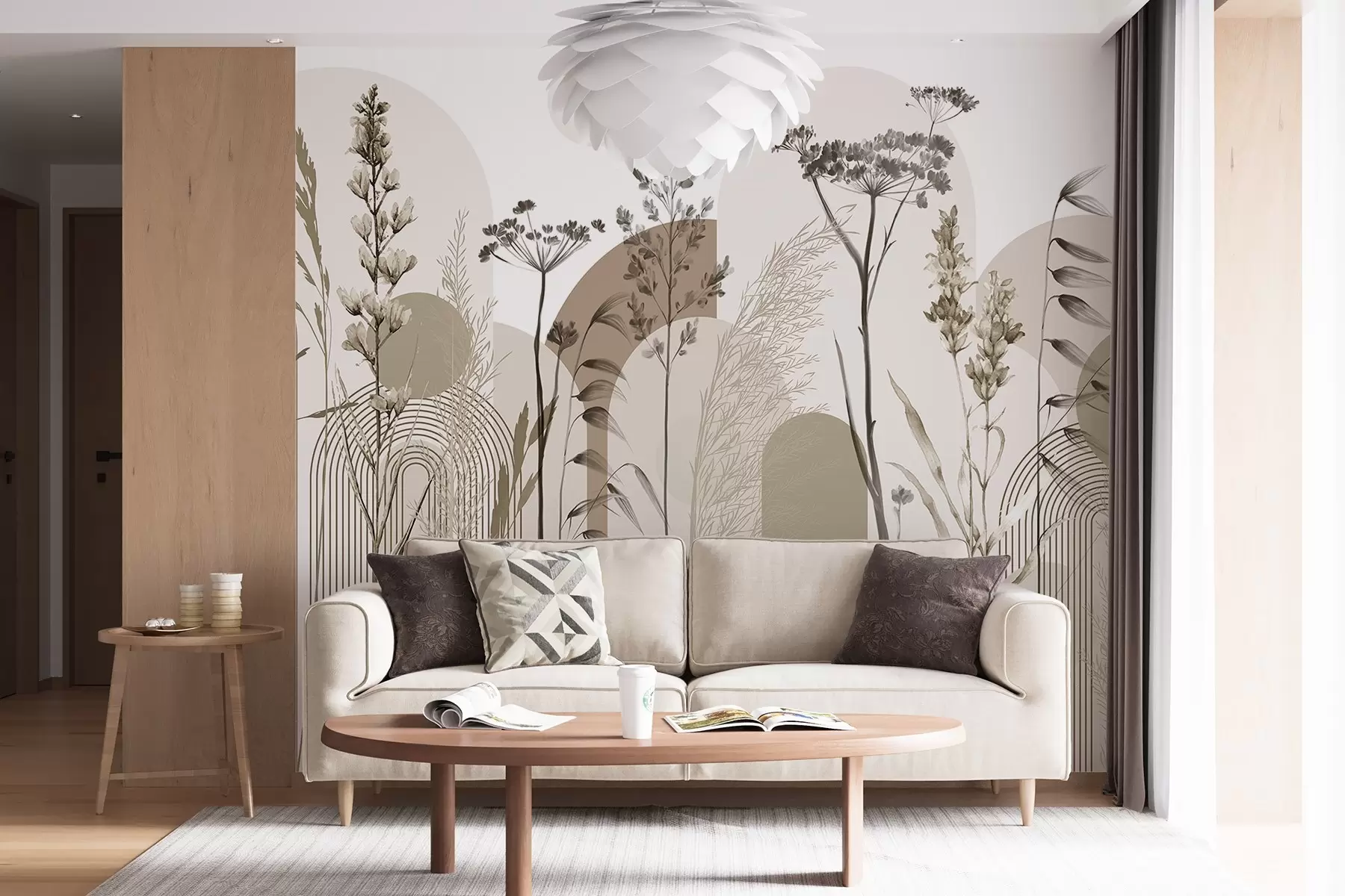 murales de pared Colección de plantas y flores en tonos neutros sobre fondo de arco abstracto en suaves tonos beige y marrón w08665