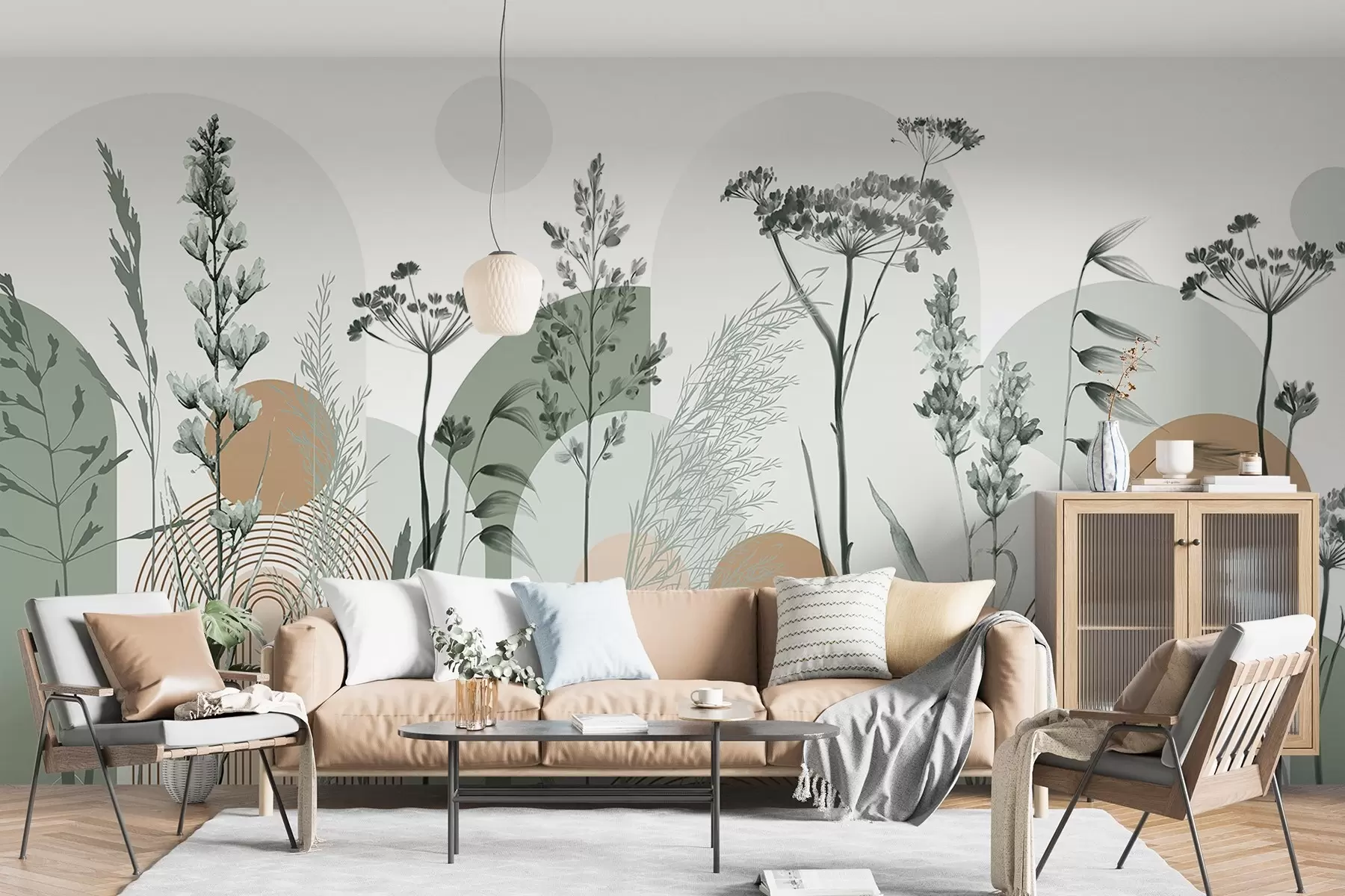 murales de pared Colección de plantas y flores en tonos neutros sobre fondo de arco abstracto en suaves tonos verdes y naranjas w08665v1
