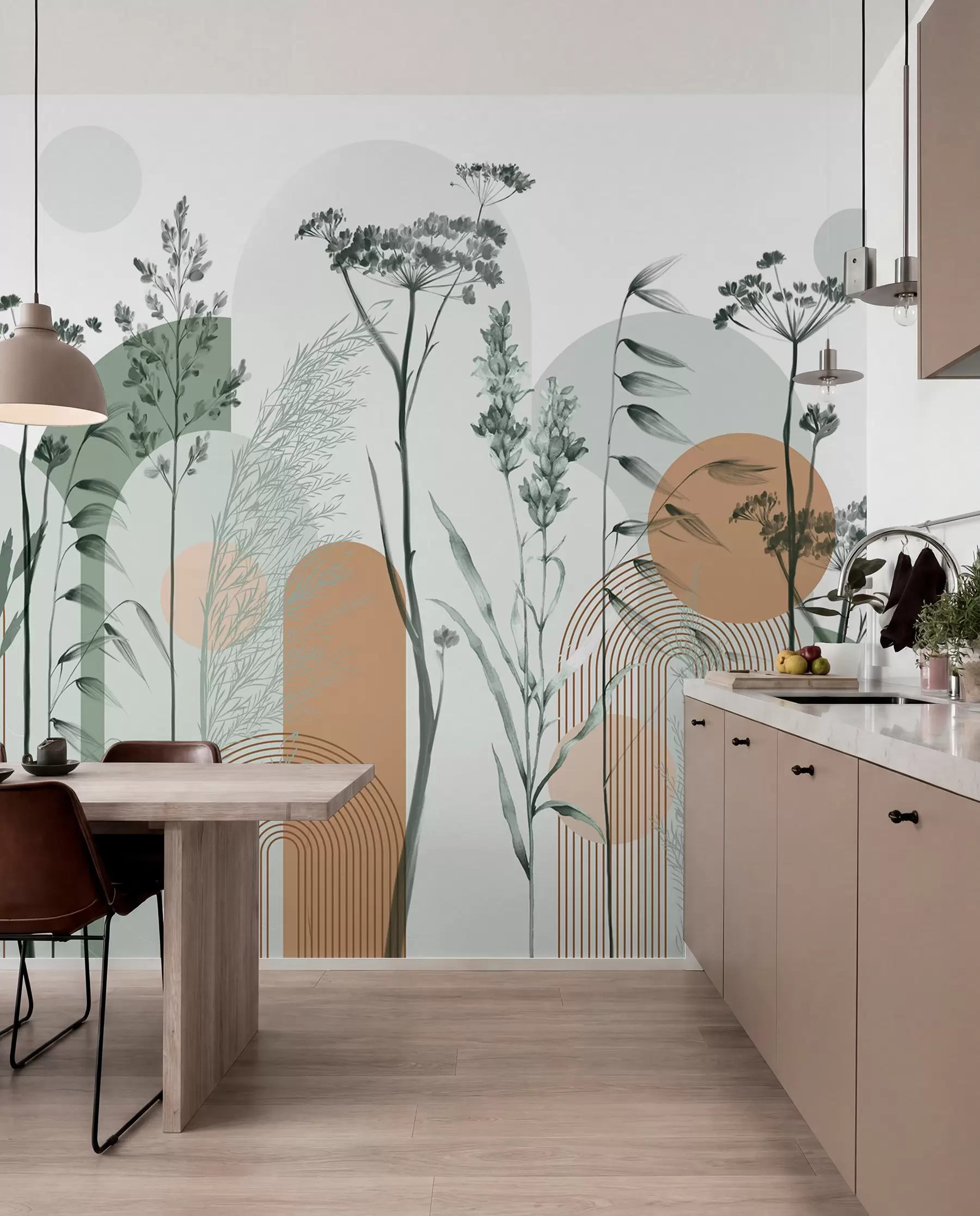 murales de pared Colección de plantas y flores en tonos neutros sobre fondo de arco abstracto en suaves tonos verdes y naranjas w08665v1
