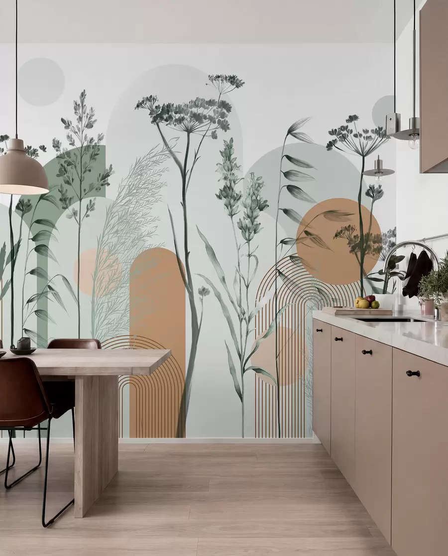 murales de pared Colección de plantas y flores en tonos neutros sobre fondo de arco abstracto en suaves tonos verdes y naranjas w08665v1