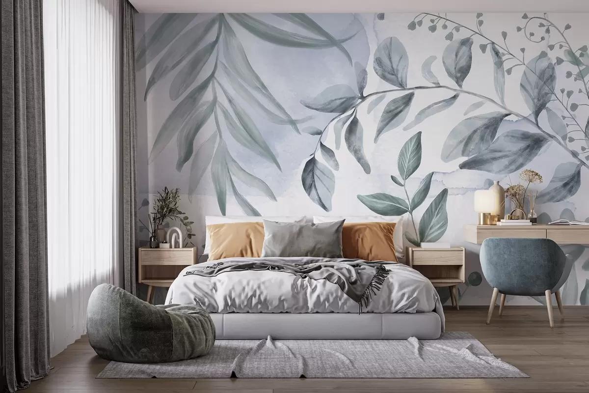 murales de pared Estampado botánico con hojas y ramas florales en suaves colores pastel, sobre fondo de acuarela w08668v1