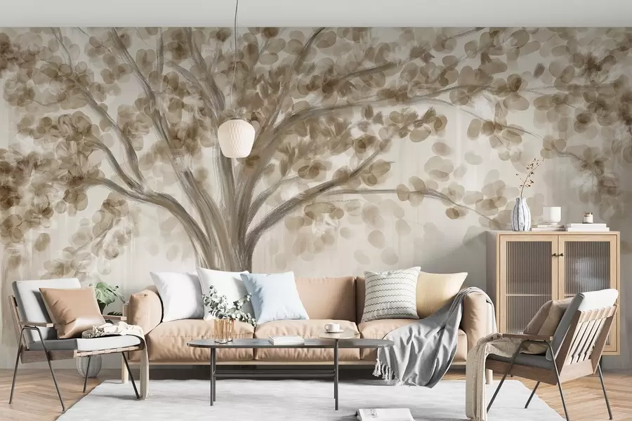 murales de pared Un gran árbol con hojas suaves y abstractas de color beige sobre un fondo claro y neutro que realza los tonos del árbol  w08669