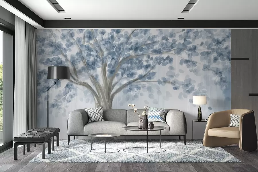 murales de pared Un gran árbol con hojas suaves y abstractas en azul sobre un fondo claro y neutro que realza los tonos del árbol  w08669v1