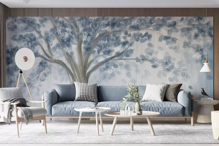 murales de pared Un gran árbol con hojas suaves y abstractas en azul sobre un fondo claro y neutro que realza los tonos del árbol  w08669v1