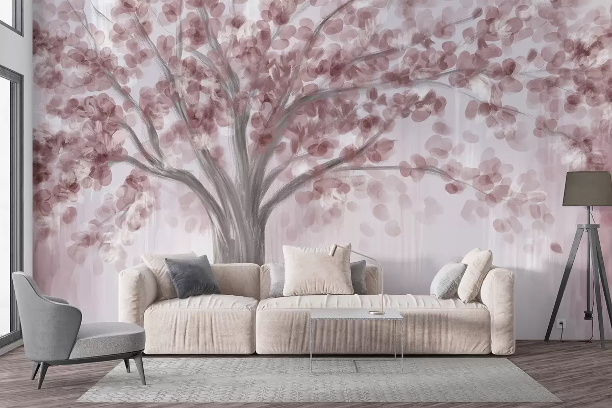 murales de pared Un gran árbol con hojas suaves y abstractas de color rosa sobre un fondo claro y neutro que realza los tonos del árbol  w08669v2