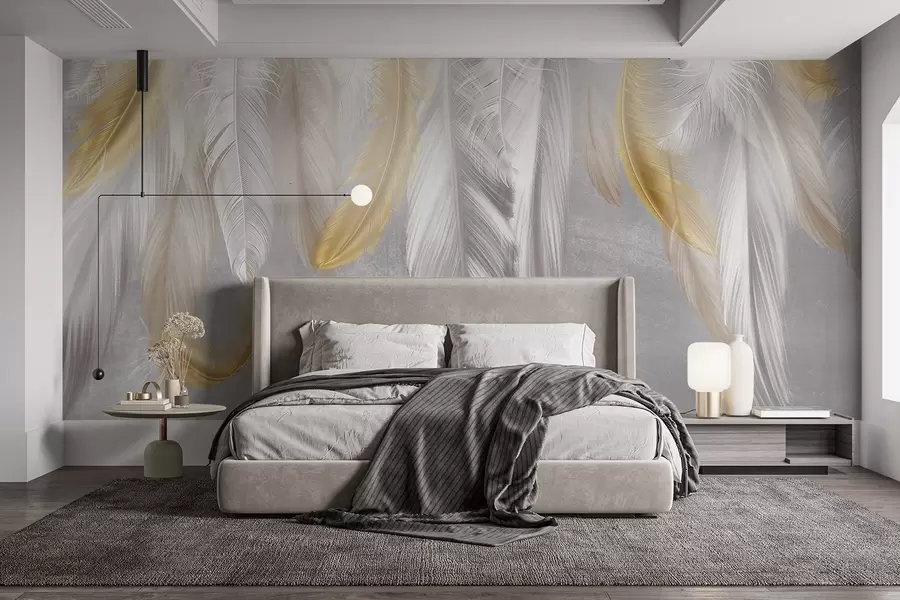 murales de pared Plumas blancas y amarillas que cuelgan sobre un fondo gris suave, creando una composición delicada y aérea w08670