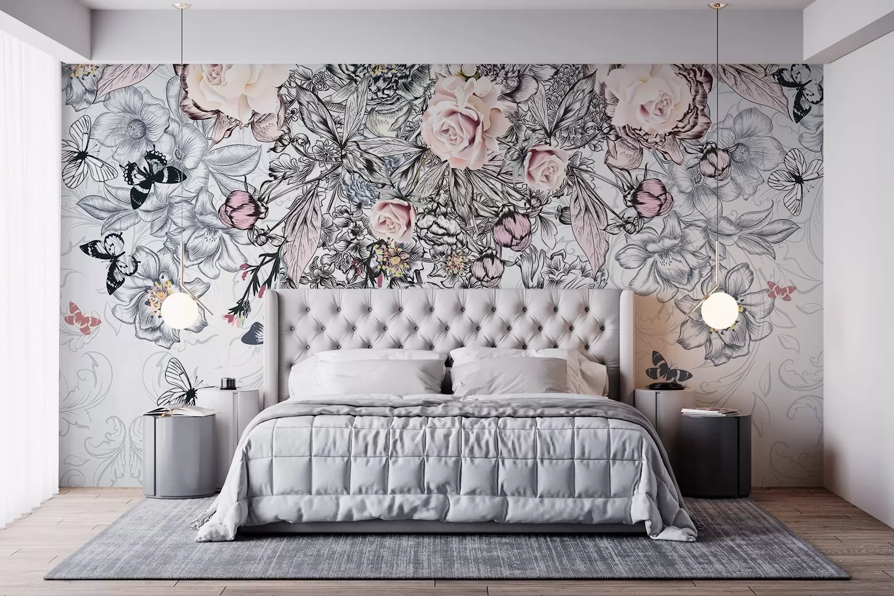 murales de pared Un dibujo floral con rosas rosadas y varias flores y mariposas con intrincado arte lineal sobre fondo texturizado w08674