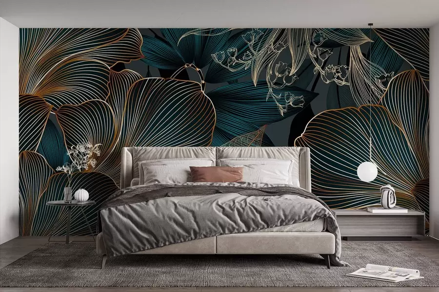 murales de pared Flores y hojas estilizadas con intrincadas líneas en tonos verde azulado y amarillo sobre fondo oscuro w08675
