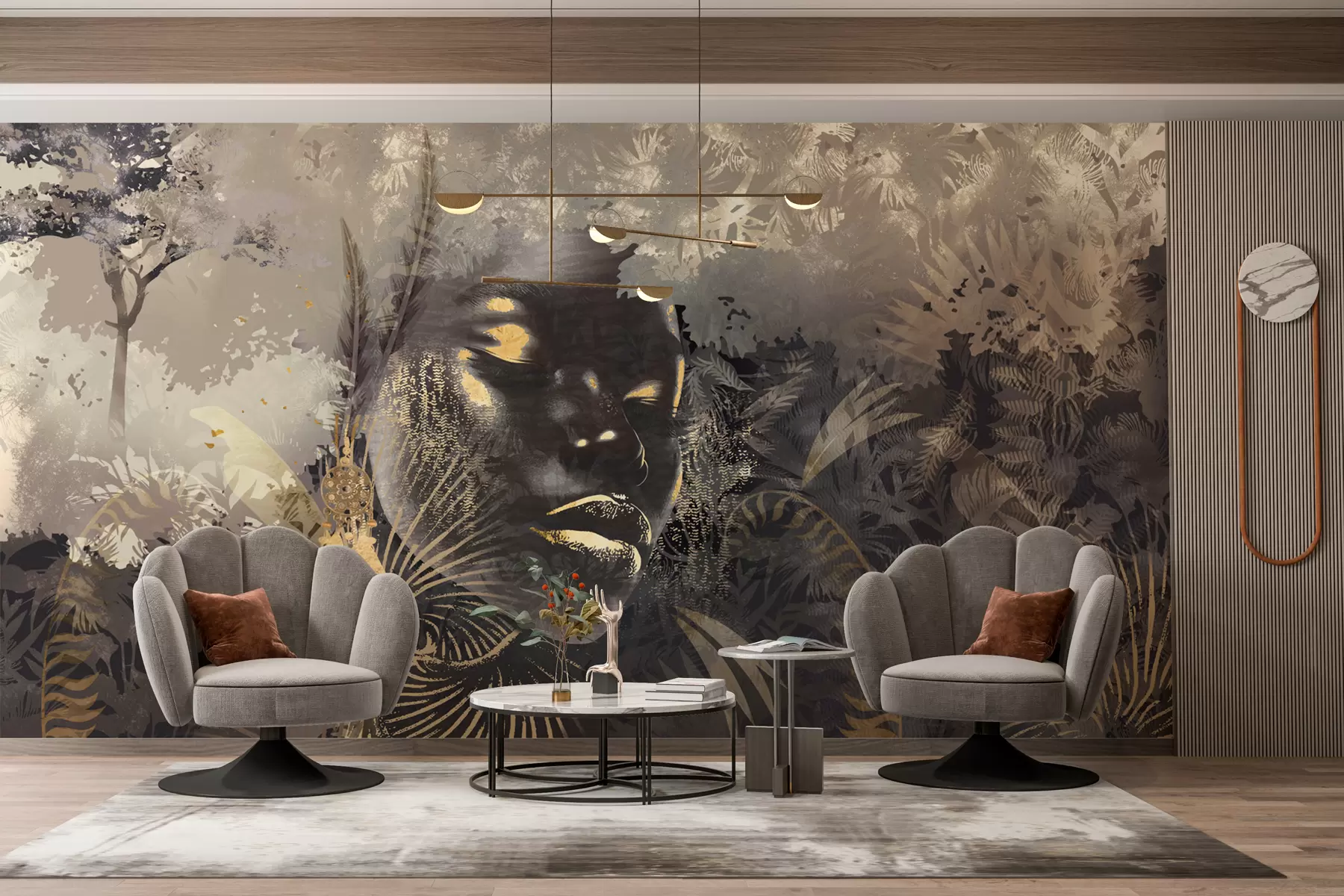 murales de pared África mágica con selva tropical, elementos femeninos y vectoriales con tinte marrón w02642v2