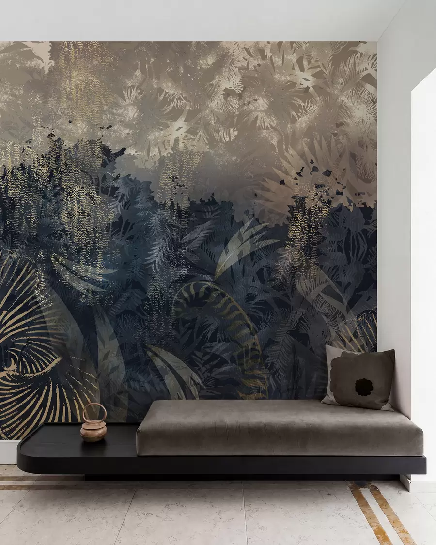 murales de pared África mágica con selva tropical y elementos vectoriales con tinte marrón w02643v1