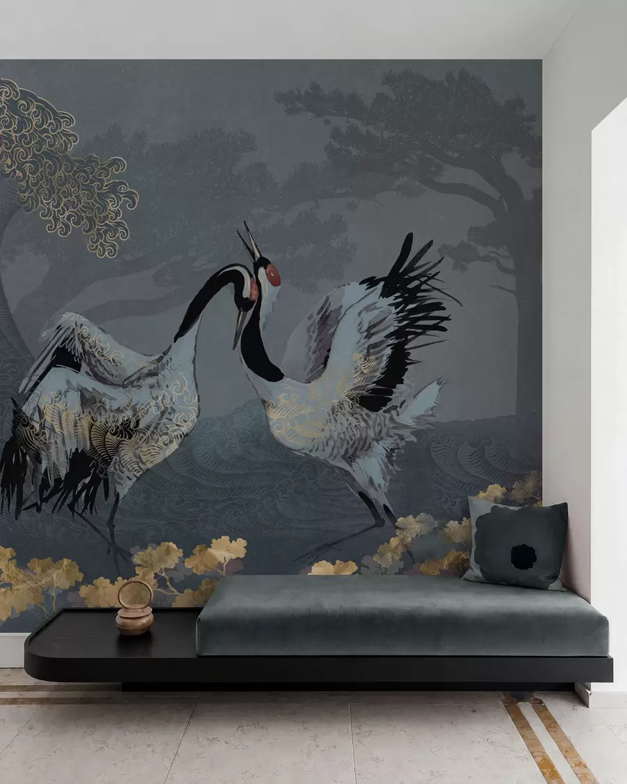 murales de pared Grullas, árboles y olas con elementos de estilo chino w02747