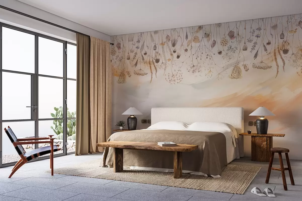 murales de pared Flores silvestres en estilo acuarela en tonos pastel sobre fondo de pinceladas w08681