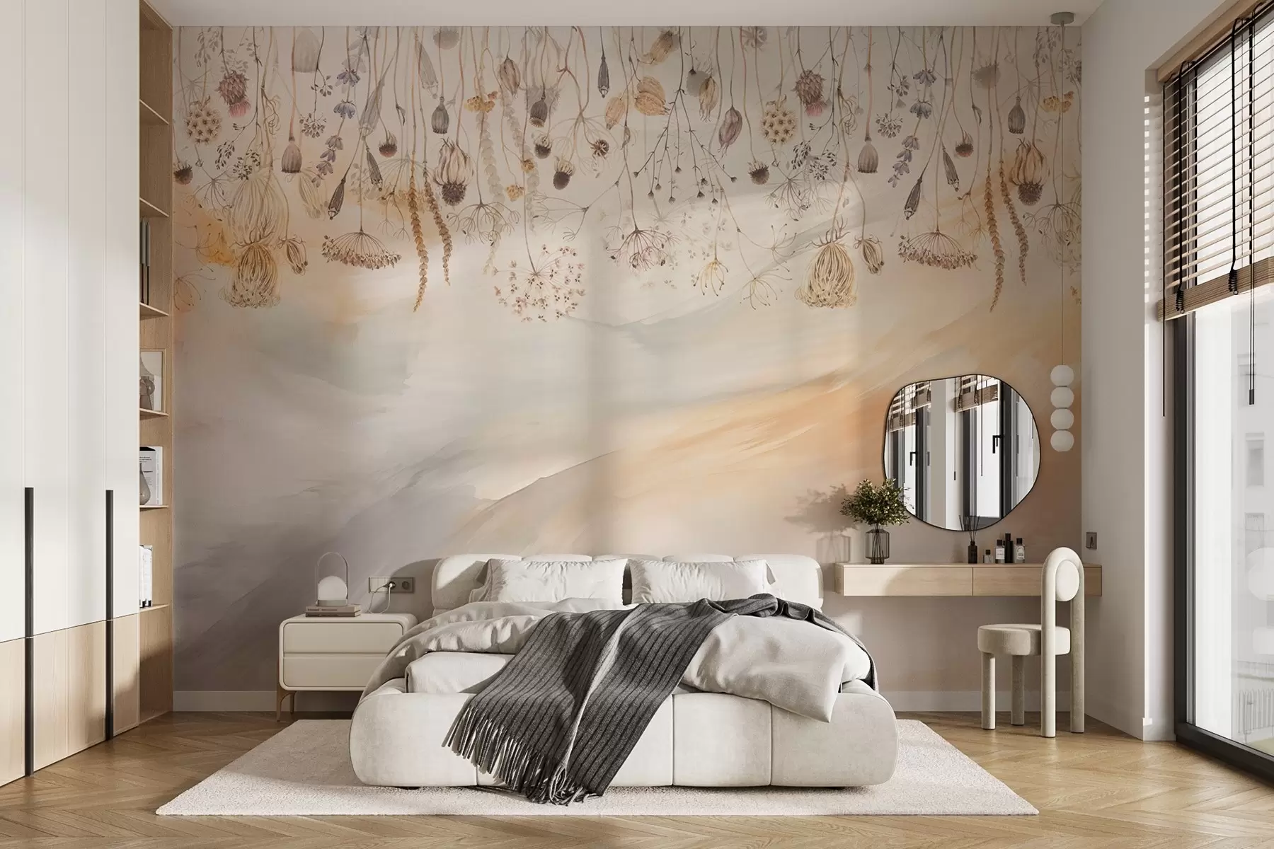 murales de pared Flores silvestres en estilo acuarela en tonos pastel sobre fondo de pinceladas w08681