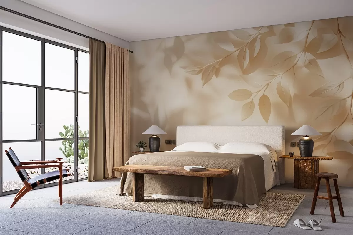 murales de pared Ramas de árbol amarillas sobre fondo beige w08682