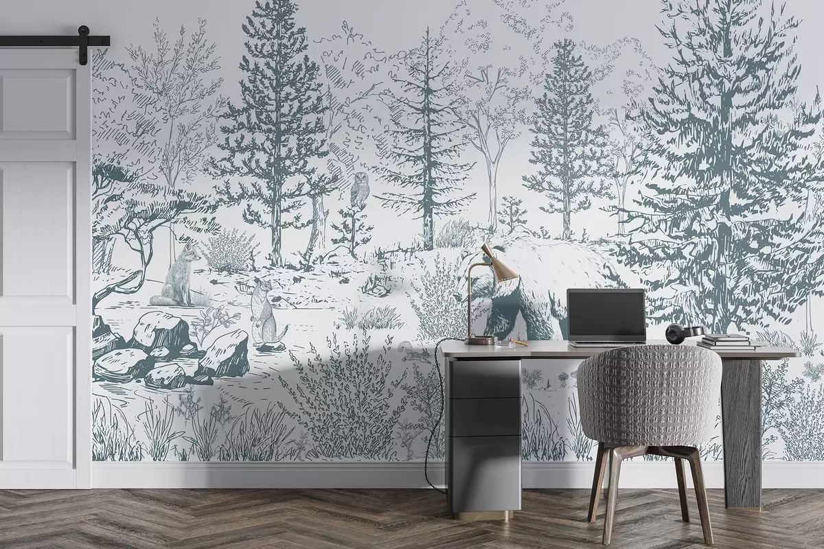 murales de pared Vida en el bosque, árboles, animales salvajes, oso, zorro, búho, arbustos, dibujo a lápiz, colores azules w02929v1