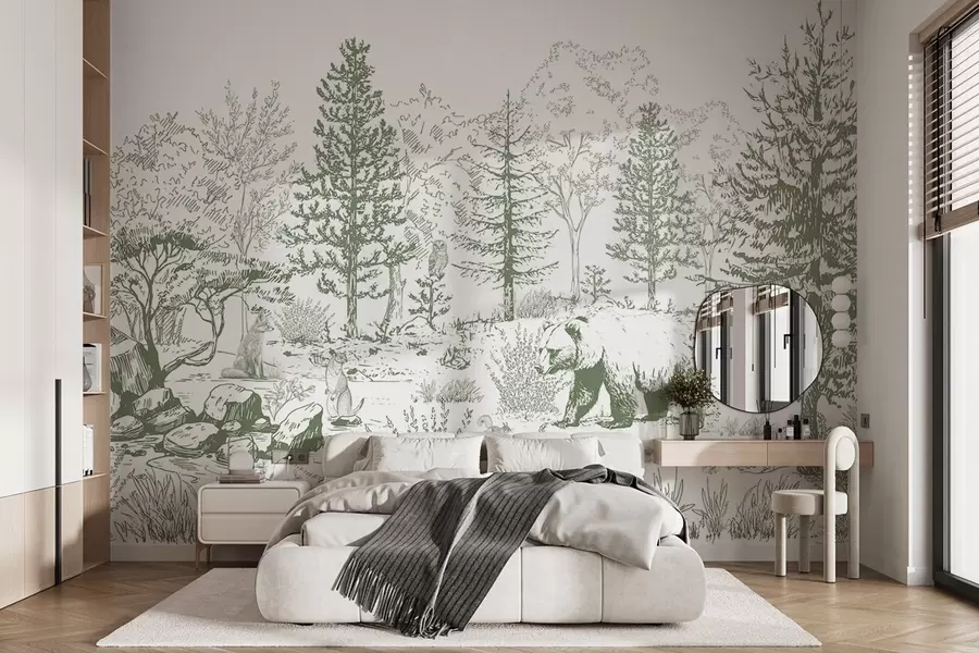 murales de pared Vida en el bosque, árboles, animales salvajes, oso, zorro, búho, arbustos, dibujo a lápiz, colores verdes w02929v2