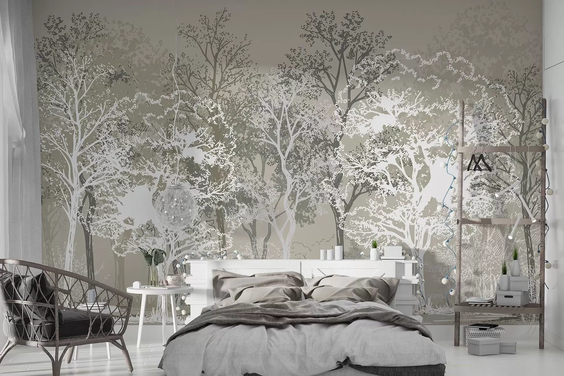 murales de pared Árboles en el bosque, minimalismo, naturaleza, paleta de colores verdes  w02930v1