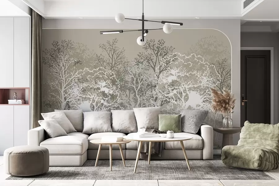 murales de pared Árboles en el bosque, minimalismo, naturaleza, paleta de colores verdes  w02930v1