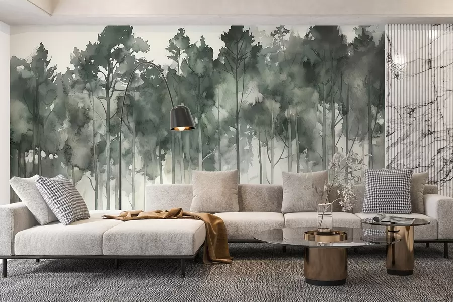 murales de pared Bosque estilo acuarela, pinos, paisaje natural, colores verdes w02937