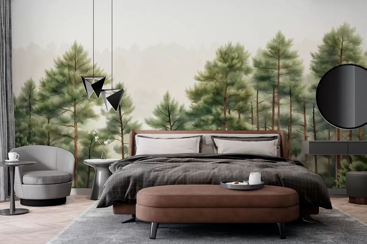 murales de pared Bosque con pinos, dibujo al óleo, naturaleza w02942