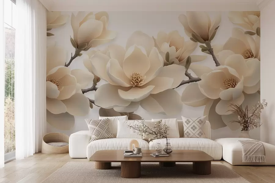 murales de pared Flores de magnolia beige en tono crema sobre fondo blanco w08692
