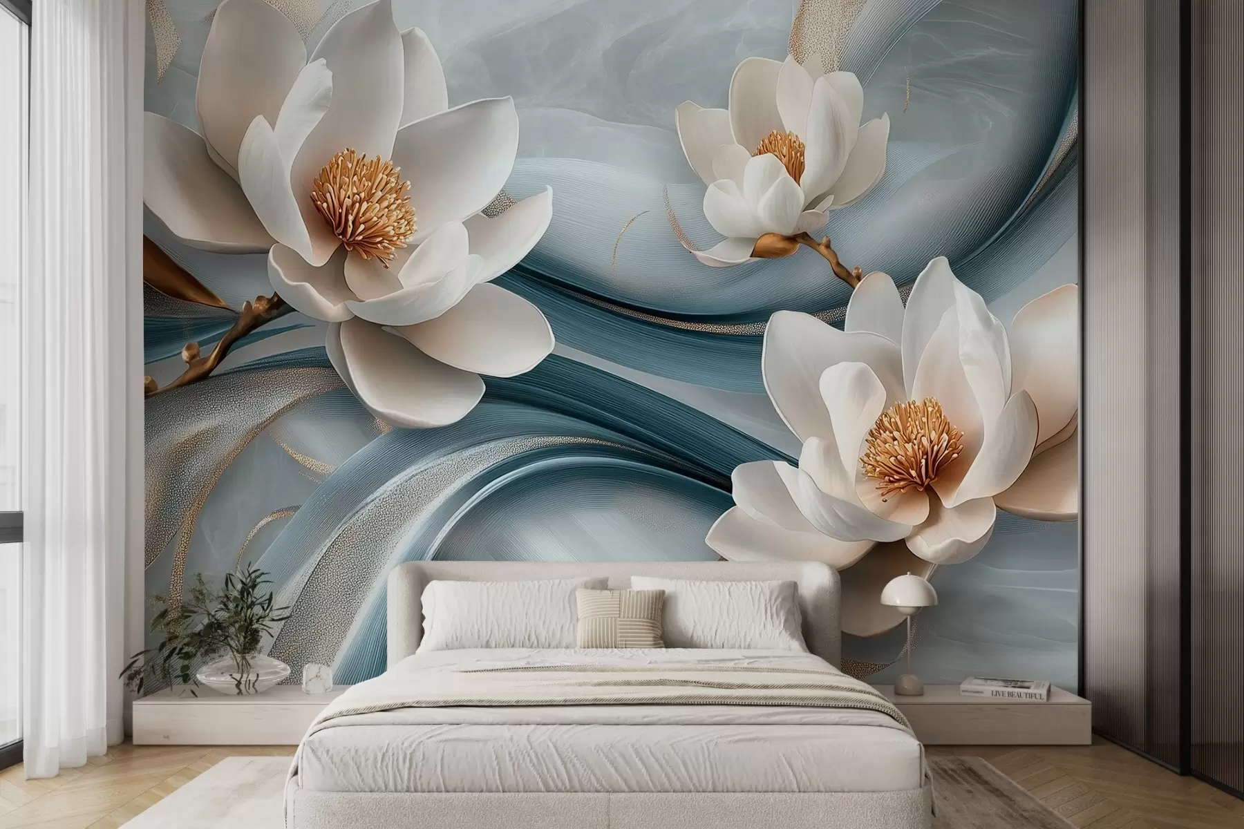 murales de pared Flores de magnolia combinadas con tonos azules, blancos y amarillos con ondas abstractas w08695