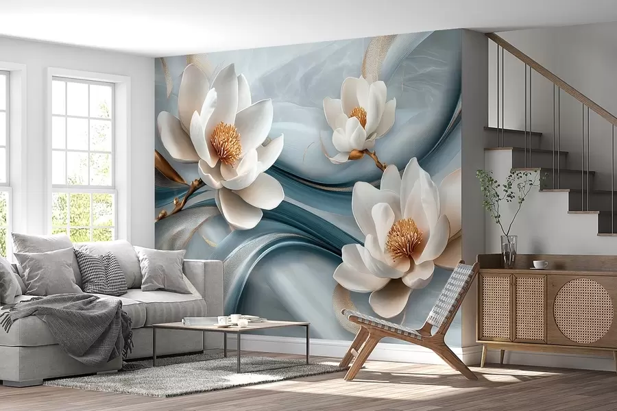 murales de pared Flores de magnolia combinadas con tonos azules, blancos y amarillos con ondas abstractas w08695