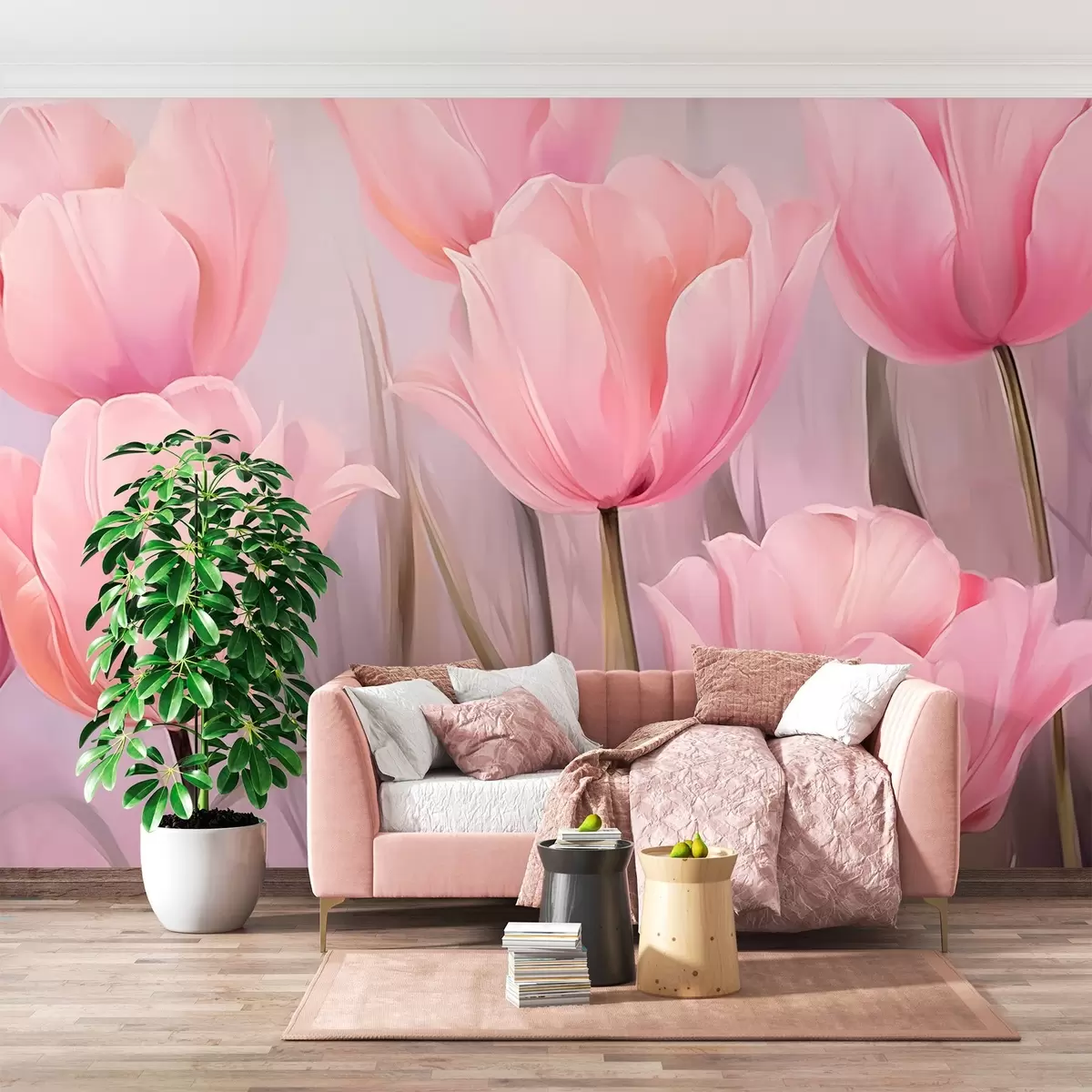 murales de pared Delicados tulipanes rosas sobre un fondo ligeramente difuminado w02903