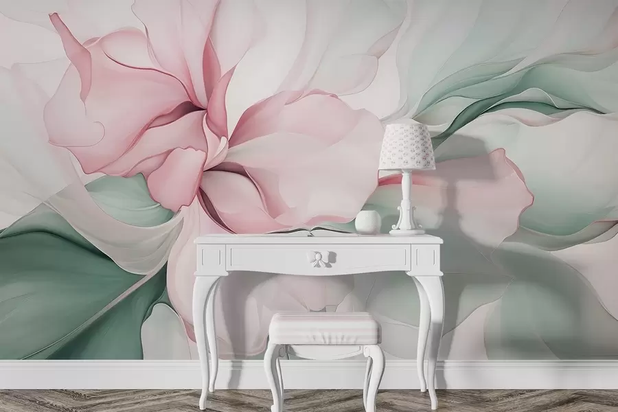 murales de pared Pétalos florales abstractos fluidos de formas translúcidas y superpuestas en colores pastel, en tonos rosas y verdes w08701v1