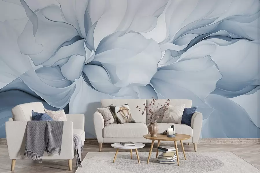 murales de pared Pétalos florales abstractos fluidos de formas translúcidas y estratificadas en colores pastel, en tonos azules w08701v2