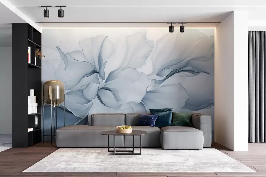 murales de pared Pétalos florales abstractos fluidos de formas translúcidas y estratificadas en colores pastel, en tonos azules w08701v2