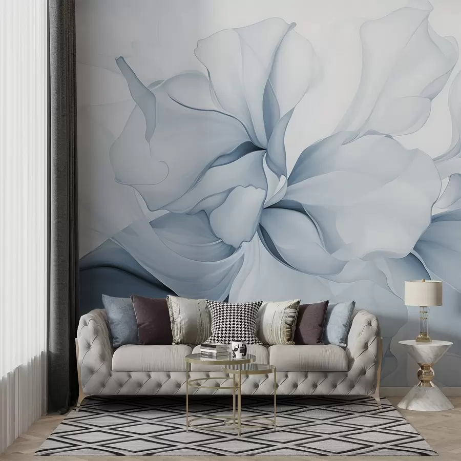 murales de pared Pétalos florales abstractos fluidos de formas translúcidas y estratificadas en colores pastel, en tonos azules w08701v2